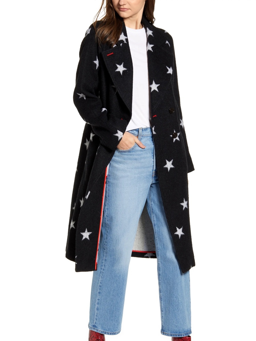 Avec Les Filles Black White Star Long Coat Statement Overcoat
